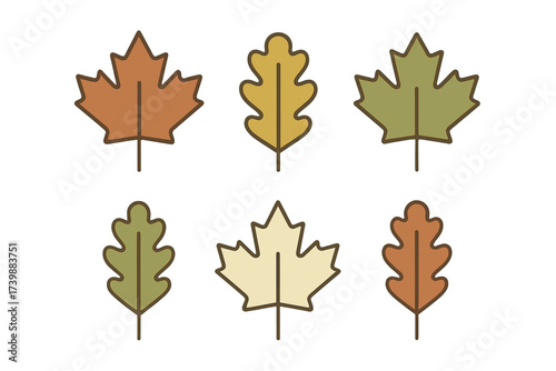 Collection of stylized autumn leaves in warm and earthy seasonal colors