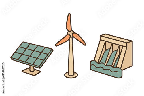 Isometric renewable energy sources: solar panel, wind turbine, hydroelectric dam