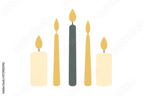 Minimalist arrangement of five burning candles in different sizes and colors