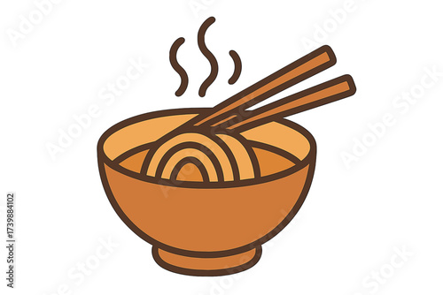 Steaming hot Asian noodles in a traditional brown bowl with wooden chopsticks