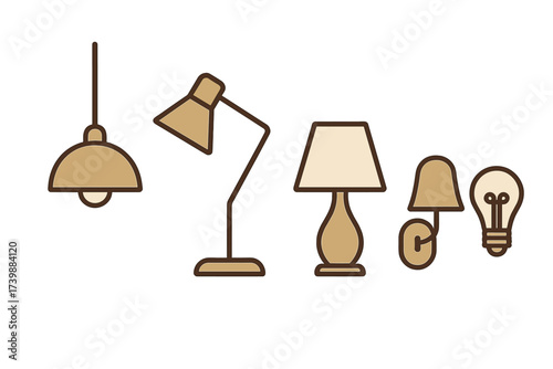 Various household lighting fixtures: table lamps, sconces, and an incandescent bulb
