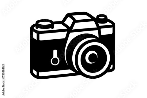 Minimalist black and white representation of a classic photographic camera and large lens