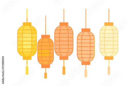 Row of traditional Asian paper lanterns hanging for festive decoration and cultural celebration