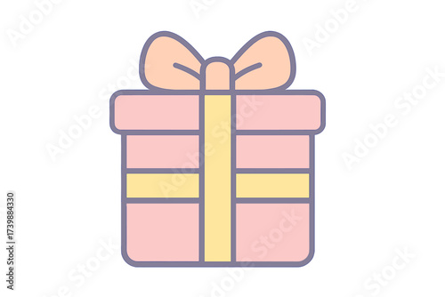 Pastel pink present box wrapped with a yellow ribbon and topped with a decorative bow