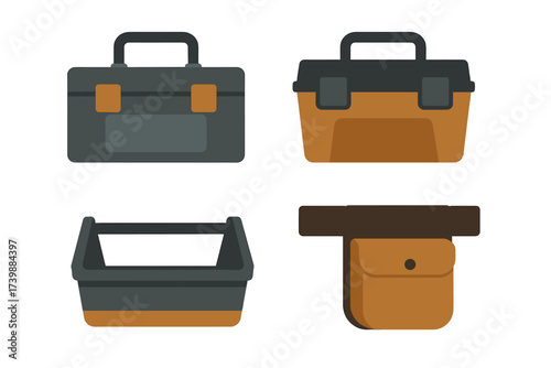 Set of various toolboxes, open tool carrier, and utility belt pouch for construction and repair