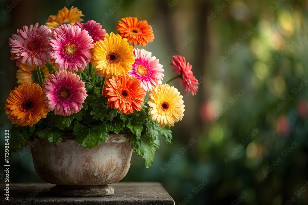custom made wallpaper toronto digitalVibrant, photorealistic arrangement of colorful gerbera daisies in pink, orange, and yellow. The flowers are planted in a classic stone urn in a sunlit park.