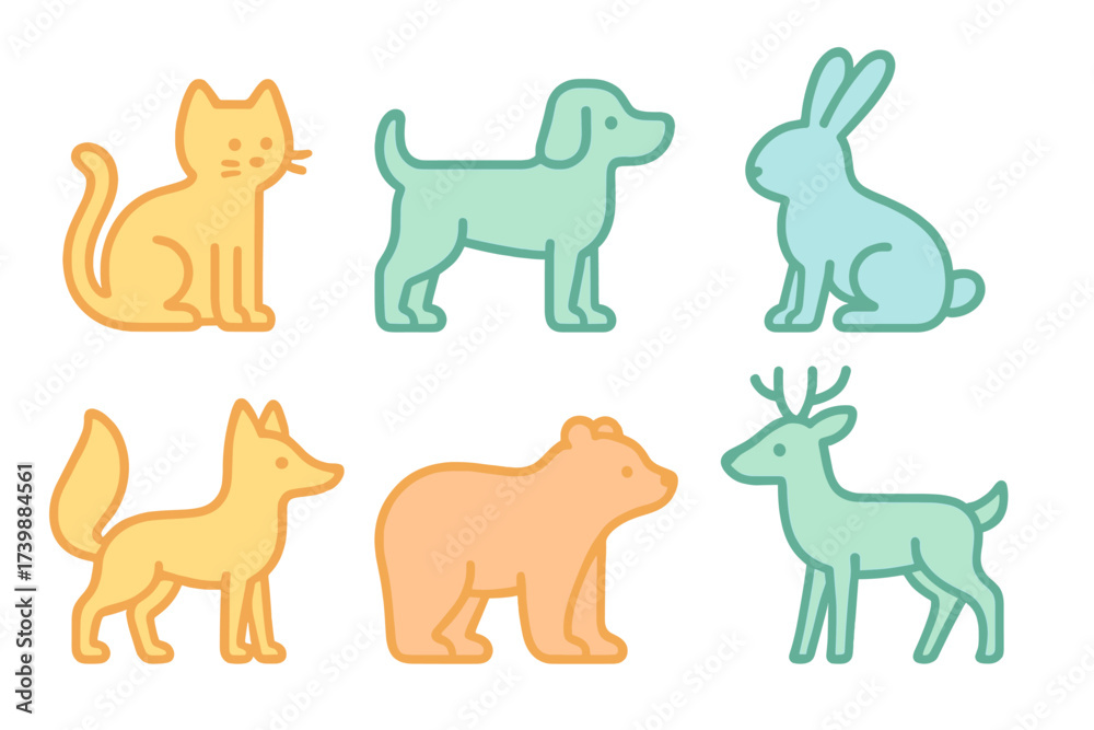 Fototapeta premium Simple stylized collection of six animal icons featuring pets and wild mammals