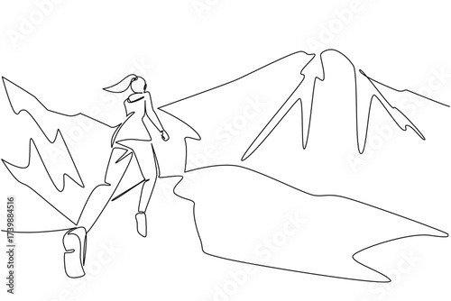 Single continuous line drawing a woman running on a mountain track. Stay enthusiastic even though it is holiday. Adventurer. Training. Jogging. National Trails Day. One line design vector illustration