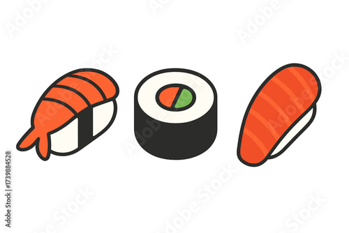 Assortment of classic Japanese sushi pieces featuring shrimp nigiri, salmon nigiri, and a traditional maki roll