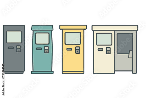 Four different automated service machines and payment terminals in various colors