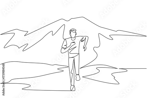 Single one line drawing a man running on a mountain track with mountains in the background. Running down the mountain. Healthy activity National Trails Day. Continuous line design graphic illustration