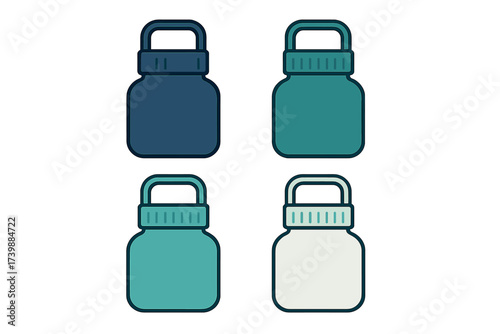 Four reusable hydration bottles with handles in various shades of blue and teal colors