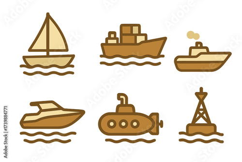 Six brown and beige nautical symbols depicting sailboat, cargo ship, submarine, and buoy