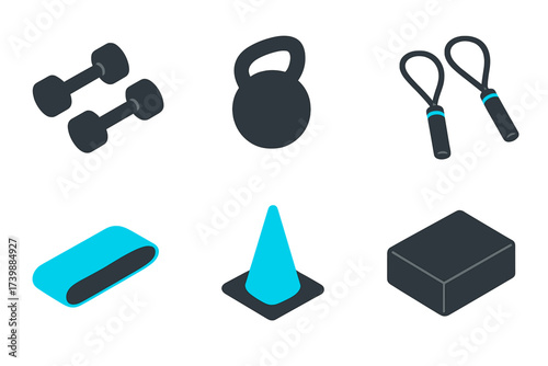 Isometric gym and workout accessories set with dumbbells, kettlebell, jump rope, and resistance band