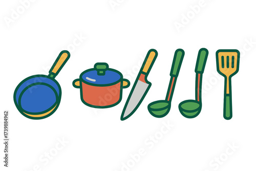 Colorful set of essential kitchen utensils and cooking equipment on white background