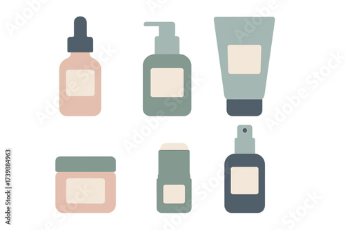 Minimalist set of cosmetic and skincare product containers in soft pastel colors