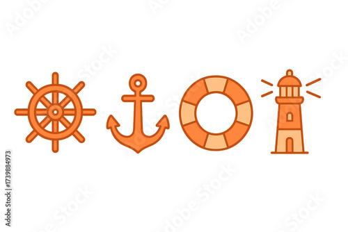 Orange nautical symbols set featuring ship wheel, anchor, life buoy, and lighthouse