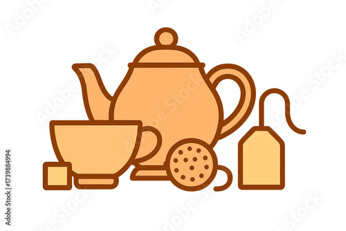 Traditional ceramic tea set elements including teapot teacup sugar and strainer