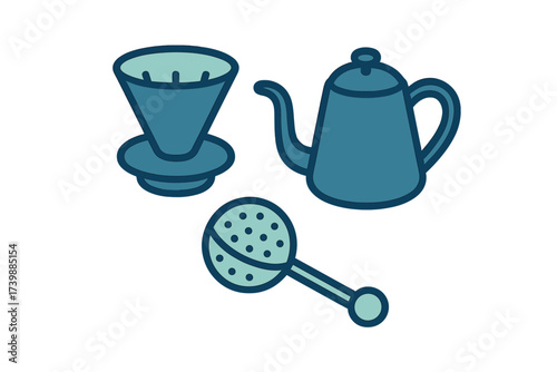 Essential coffee and tea preparation tools including a pour-over dripper kettle and infuser