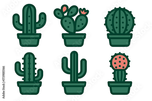 Assortment of six stylized potted cactus and succulent plants with thick outlines