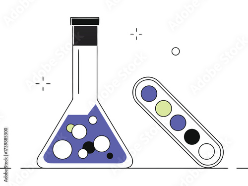 Vector art of flask with colorful bubbles and color palette