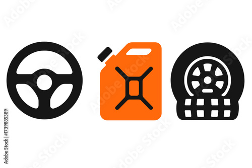 Flat automotive icons including steering wheel, fuel canister, and car tire