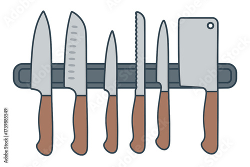 Various sharp kitchen knives including a chef knife and meat cleaver hanging on a magnetic wall strip