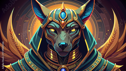 Close-up portrait of Anubis, glowing jackal eyes, surreal divine mask, fantasy aura, dreamlike Egyptian god, mythical guardian, imaginative artwork, epic close-up, legendary deity of underworld.
