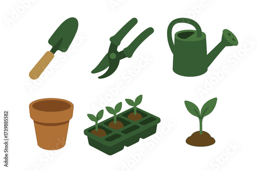 Collection of essential gardening tools and young seedlings for spring planting