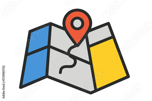 Folded paper map with a red location marker pin indicating a specific destination