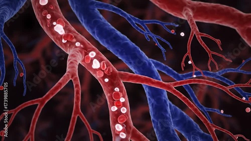 Detailed 3D Illustration of Blood Vessels and Particles - This 3D illustration depicts a detailed view of interwoven blood vessels, highlighting the intricate network of the circulatory system.