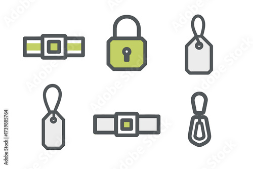 Collection of security and identification symbols featuring padlock, labels, and fastening elements