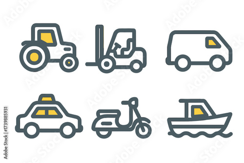 Simple line icons set of transportation modes and industrial vehicles including tractor, forklift, and taxi