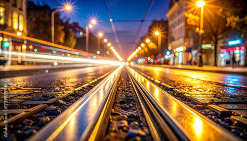 Night Rails: Cityscape at twilight where the train tracks converge towards a bright, illuminated city street, lined with lights, evoking a sense of journey and exploration.
