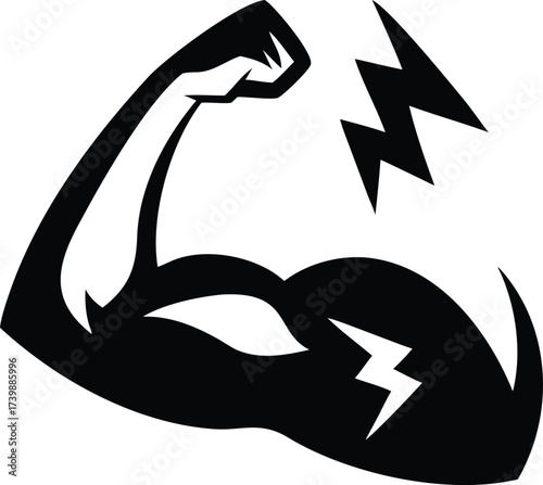 Vector art of strong bicep muscle flexing with lightning bolt