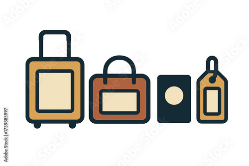 Essential travel items including rolling suitcase carry-on bag passport and luggage tag