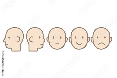 Minimal human head icons set showing emotional states and profile views