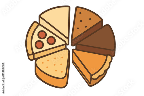 Collection of various food slices arranged in a circular pie chart formation