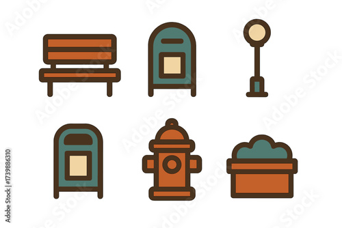 Set of urban and park infrastructure elements including bench, mailbox, and street light