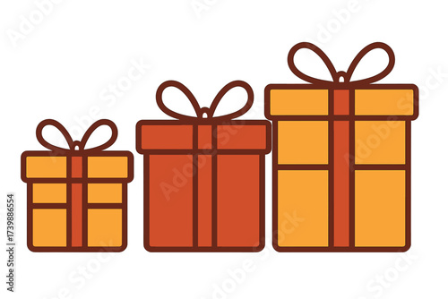 Row of three colorful gift boxes wrapped with bows and ribbons for celebration