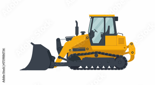 Yellow Bulldozer Construction Vehicle with Black Blade and Tracks.