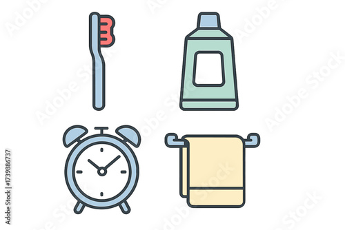 Essential items for daily morning routine including toothbrush, toothpaste, alarm clock, and bath towel