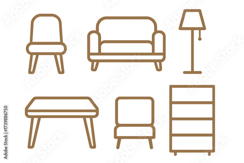 Minimalist outline icons set featuring essential furniture for a modern living space