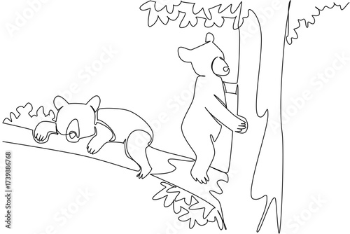Continuous one line drawing 2 black bear cubs climbs tree with different activities. Looking for food and resting in the treetops. National Black Bear Day. Single line draw design vector illustration