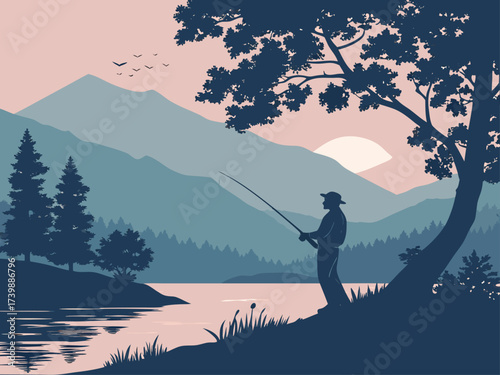 Serene Silhouette of Fisherman at Dusk Lake, Catching Fish Amidst Majestic Mountains and Trees, Nature's Calm Embrace, Peaceful Outdoor Adventure