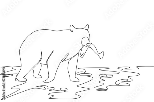 Single continuous line drawing black bear walking on rocky river while its mouth is biting a fish. Mother bringing fish food for children. National Black Bear Day. One line design vector illustration