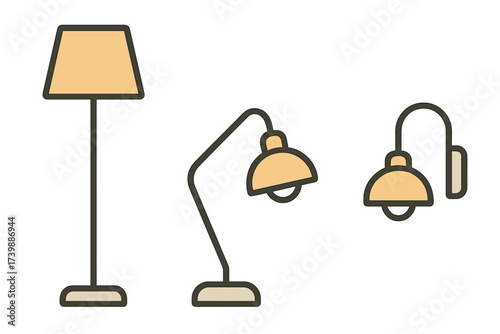Set of interior lighting fixtures: floor lamp, desk lamp, and wall sconce icons