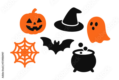 Spooky Halloween symbols set featuring pumpkin ghost bat witch hat and cauldron