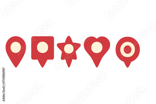Set of various red location map pointers and navigation pins used for GPS tracking and geographical marking