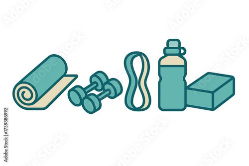 Essential fitness accessories collection including yoga mat dumbbells and resistance band